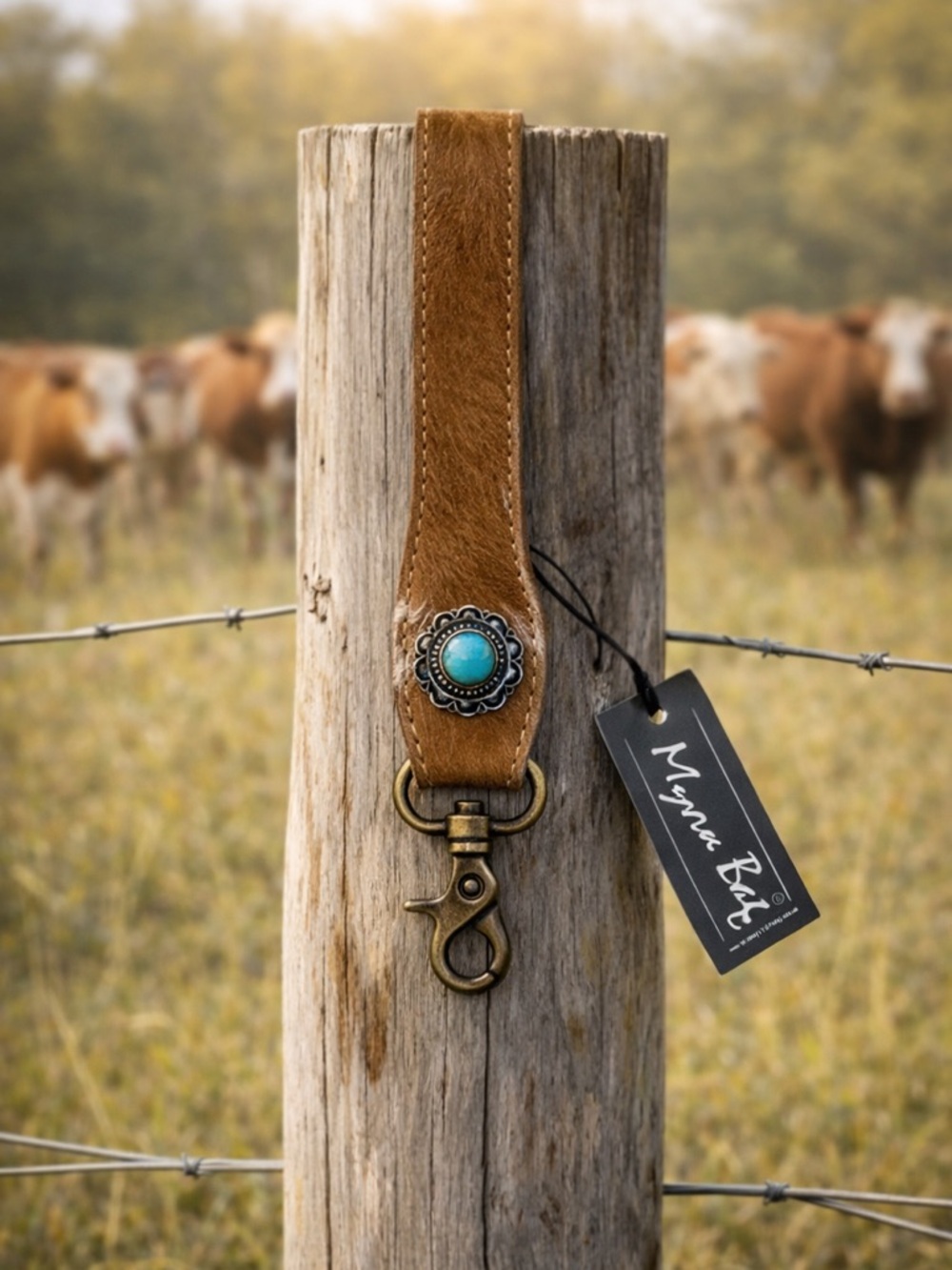 Myra Bag Tan Leather Key Holder with Turquoise Concho
